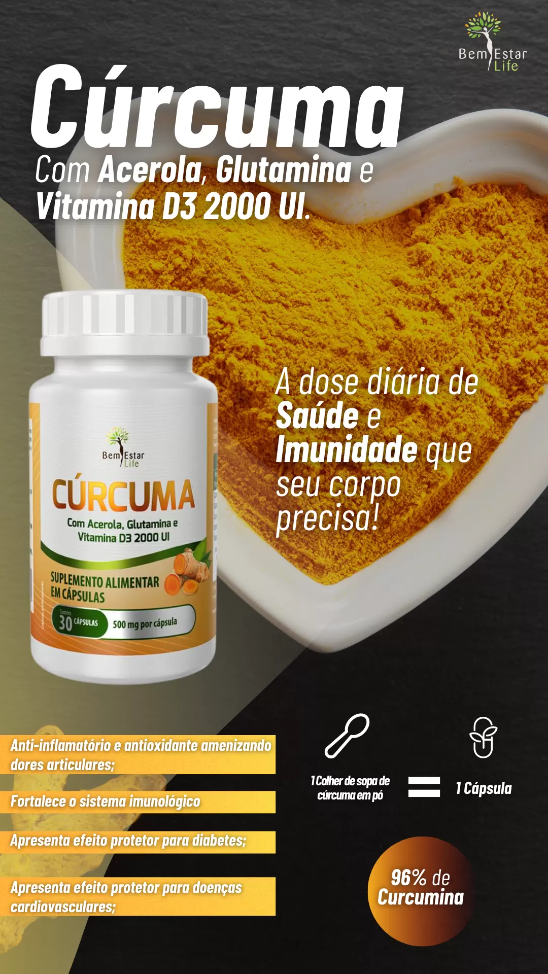 Cúrcuma com vitamina C, glutamina e vitamina D