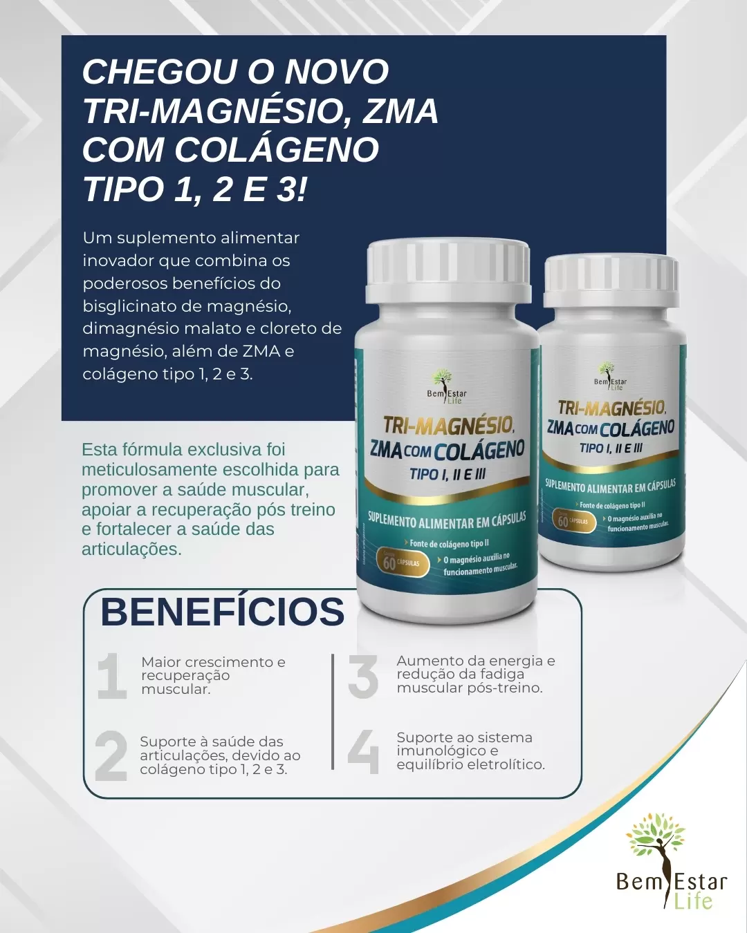 Tri magnésio ZMA com colageno I,II,III